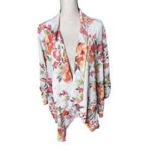 Susan Graver Floral Seersucker Open Front Cardigan Jacket White Orange 1XP